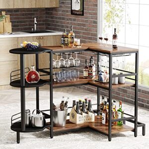 Tribesigns Industrial Home Bar Unit, 3-Tier L-Shaped Liquor Bar Table with Storage and Footrest, Corner Wine Bar Cabinet Mini Bar for Liquor and Glasses for Home Kitchen/Living Room/Pub