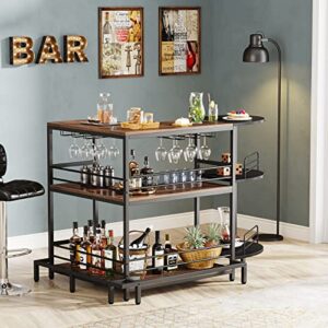 Tribesigns Industrial Home Bar Unit, 3-Tier L-Shaped Liquor Bar Table with Storage and Footrest, Corner Wine Bar Cabinet Mini Bar for Liquor and Glasses for Home Kitchen/Living Room/Pub