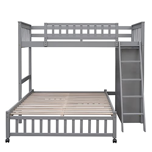 Harper & Bright Designs Twin Over Full Bunk Bed with Storage, Solid Wood Bunk Bed with 6 Drawers and 3 Flexible Shelves, Movable Bottom Bed with Wheels, for Kids Teens Adults (Gray)