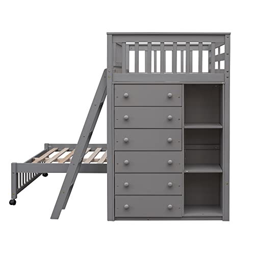 Harper & Bright Designs Twin Over Full Bunk Bed with Storage, Solid Wood Bunk Bed with 6 Drawers and 3 Flexible Shelves, Movable Bottom Bed with Wheels, for Kids Teens Adults (Gray)