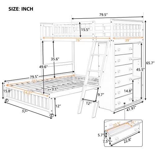 Harper & Bright Designs Twin Over Full Bunk Bed with Storage, Solid Wood Bunk Bed with 6 Drawers and 3 Flexible Shelves, Movable Bottom Bed with Wheels, for Kids Teens Adults (Gray)