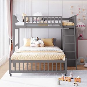 Harper & Bright Designs Twin Over Full Bunk Bed with Storage, Solid Wood Bunk Bed with 6 Drawers and 3 Flexible Shelves, Movable Bottom Bed with Wheels, for Kids Teens Adults (Gray)