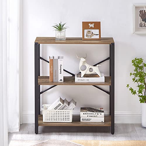 FOLUBAN Industrial Bookshelf, 3 Tier Open Book Shelf, Rustic Wood and Metal Shelving Unit for Living Room, Oak