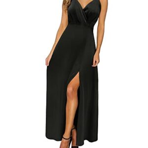 Newshows Women's Satin Long Black Dress V Neck Spaghetti Strap Sleeveless Slit Cocktail Wedding Guest Summer Maxi Dress 2023 (Black, Medium)