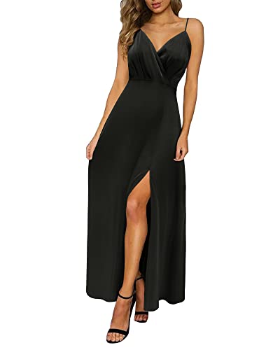 Newshows Women's Satin Long Black Dress V Neck Spaghetti Strap Sleeveless Slit Cocktail Wedding Guest Summer Maxi Dress 2023 (Black, Medium)