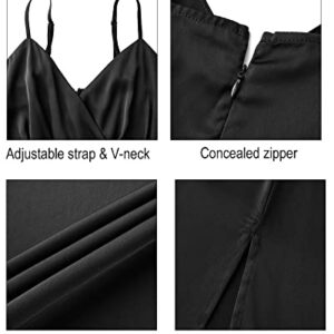 Newshows Women's Satin Long Black Dress V Neck Spaghetti Strap Sleeveless Slit Cocktail Wedding Guest Summer Maxi Dress 2023 (Black, Medium)