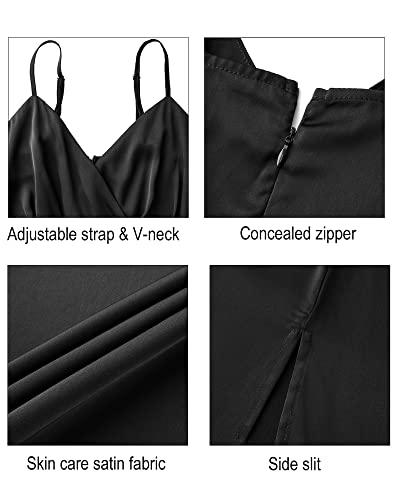 Newshows Women's Satin Long Black Dress V Neck Spaghetti Strap Sleeveless Slit Cocktail Wedding Guest Summer Maxi Dress 2023 (Black, Medium)