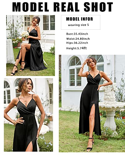 Newshows Women's Satin Long Black Dress V Neck Spaghetti Strap Sleeveless Slit Cocktail Wedding Guest Summer Maxi Dress 2023 (Black, Medium)