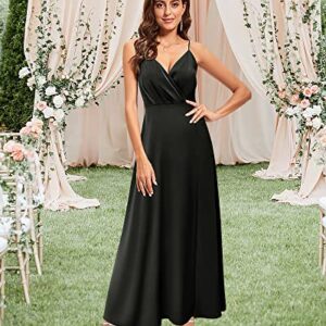 Newshows Women's Satin Long Black Dress V Neck Spaghetti Strap Sleeveless Slit Cocktail Wedding Guest Summer Maxi Dress 2023 (Black, Medium)