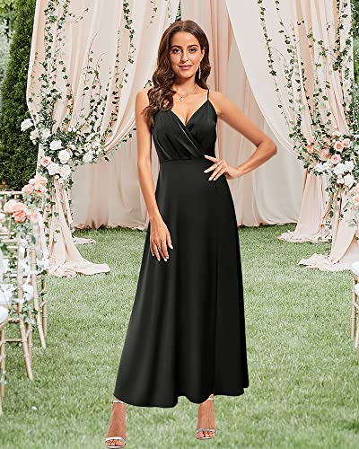 Newshows Women's Satin Long Black Dress V Neck Spaghetti Strap Sleeveless Slit Cocktail Wedding Guest Summer Maxi Dress 2023 (Black, Medium)