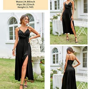 Newshows Women's Satin Long Black Dress V Neck Spaghetti Strap Sleeveless Slit Cocktail Wedding Guest Summer Maxi Dress 2023 (Black, Medium)