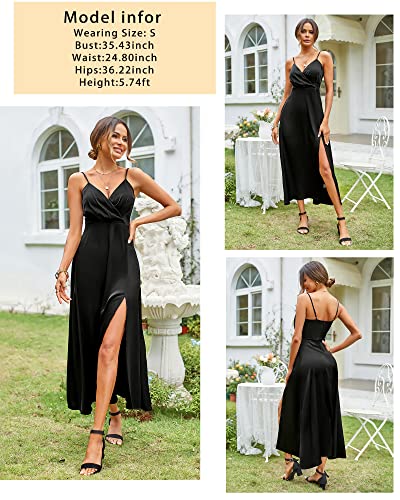 Newshows Women's Satin Long Black Dress V Neck Spaghetti Strap Sleeveless Slit Cocktail Wedding Guest Summer Maxi Dress 2023 (Black, Medium)