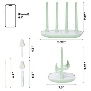 Jumperlay Baby Bottle Drying Rack with 2 Pack Sponge Brush and 2 Pack Straw Cleaner Brushes, High Capacity Countertop Bottle Dryer Holder for 4 Sets of Baby Bottles and Accessories, Green