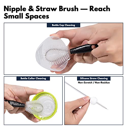 Jumperlay Baby Bottle Brush with 1 Pack Nipple Brush and 2 Pack Straw Cleaner Brushes, Baby Bottle Cleaning Brush Set with Suction Cup Stand and A Hidden Mini Brush, Black