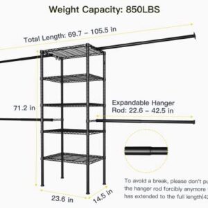 Ulif M2 Closet Organizer System, 5.9 Feet Height Mounted to the Wall Garment Rack with 4 Expandable Hanger Rods, 5 Shelves in 23.6" L x 14.5" W, Suit Total Space from 5.8-8.8 ft, Black