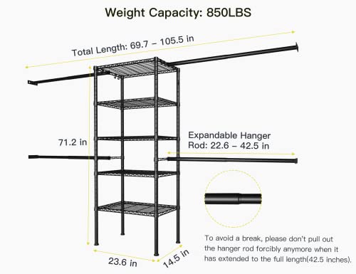 Ulif M2 Closet Organizer System, 5.9 Feet Height Mounted to the Wall Garment Rack with 4 Expandable Hanger Rods, 5 Shelves in 23.6" L x 14.5" W, Suit Total Space from 5.8-8.8 ft, Black