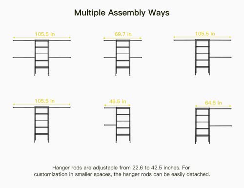 Ulif M2 Closet Organizer System, 5.9 Feet Height Mounted to the Wall Garment Rack with 4 Expandable Hanger Rods, 5 Shelves in 23.6" L x 14.5" W, Suit Total Space from 5.8-8.8 ft, Black