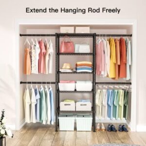 Ulif M2 Closet Organizer System, 5.9 Feet Height Mounted to the Wall Garment Rack with 4 Expandable Hanger Rods, 5 Shelves in 23.6" L x 14.5" W, Suit Total Space from 5.8-8.8 ft, Black