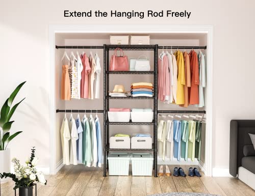 Ulif M2 Closet Organizer System, 5.9 Feet Height Mounted to the Wall Garment Rack with 4 Expandable Hanger Rods, 5 Shelves in 23.6" L x 14.5" W, Suit Total Space from 5.8-8.8 ft, Black