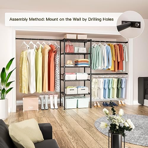 Ulif M2 Closet Organizer System, 5.9 Feet Height Mounted to the Wall Garment Rack with 4 Expandable Hanger Rods, 5 Shelves in 23.6" L x 14.5" W, Suit Total Space from 5.8-8.8 ft, Black