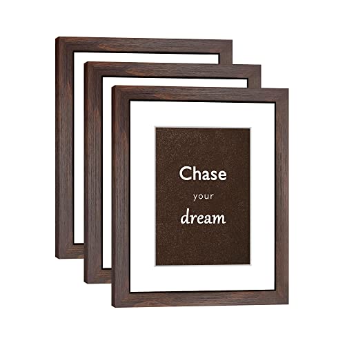 DEKWINN 8x10 Picture Frame Set of 3 with Real Glass for Pictures 5x7 with Mat or 8x10 Without Mat, Wall Mounting or Tabletop display Photo Frames in Walnut