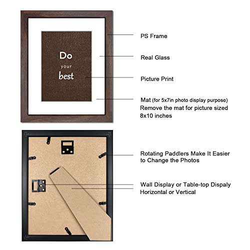 DEKWINN 8x10 Picture Frame Set of 3 with Real Glass for Pictures 5x7 with Mat or 8x10 Without Mat, Wall Mounting or Tabletop display Photo Frames in Walnut