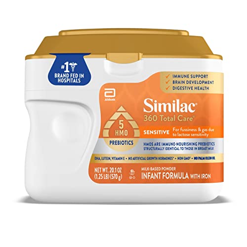 Similac 360 Total Care Sensitive Infant Formula, with 5 HMO Prebiotics, for Fussiness & Gas Due to Lactose Sensitivity, Non-GMO, Baby Formula Powder, 20.1-oz Tub