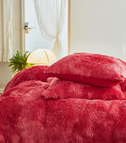 Jameswish Shaggy Plush Duvet Cover Set Super Soft Fluffy Faux Fur Comforter Cover Set Luxury Fuzzy Bedding Set 3 Piece(1Duvet Cover+2Pillowcases) with Zipper Clusure(Red White Ombre,Queen Size)