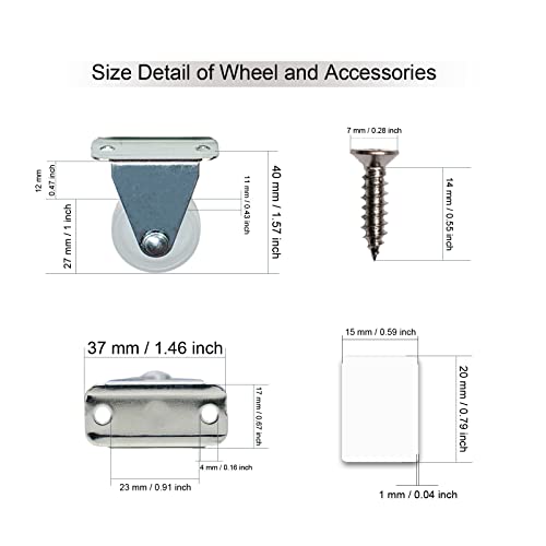 Dalyndar 16 Pack 1'' Caster Wheels Non Swivel Casters Self Adhesive or Screws Add On Light Weight Furniture Small Appliance, Silver Plate White Roller