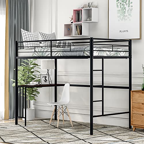 HomJoones Twin Size Loft Bed with Desk,Twin Metal Bunk Bed with Desk, Ladder and Guardrails,Loft Bed for Bedroom,Space-Saving Design,No Box Spring Needed,Twin (Black)