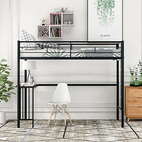 HomJoones Twin Size Loft Bed with Desk,Twin Metal Bunk Bed with Desk, Ladder and Guardrails,Loft Bed for Bedroom,Space-Saving Design,No Box Spring Needed,Twin (Black)