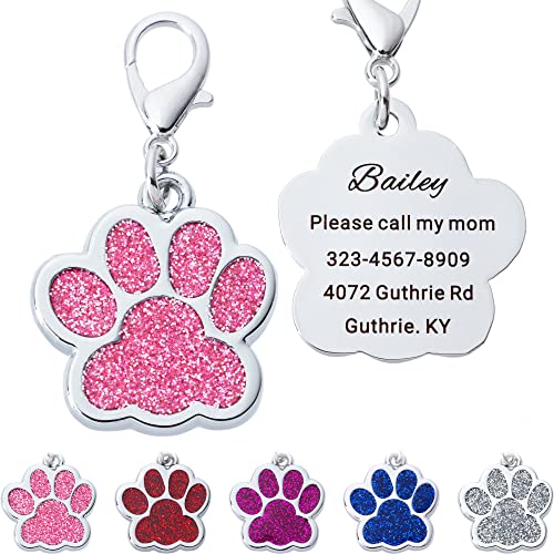 Artinst Personalized Dog Tags Up to 5 Lines of Custom Engraving for Your Pet's Name and Information Shiny and Cute Metal Paw Print Pet Id Tags (Pink)