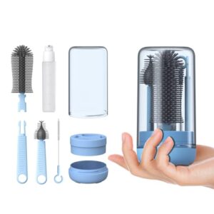 vogoge travel bottle brush set with stand, portable baby bottle cleaning kit includes nipple brush and straw cleaner brush (blue)