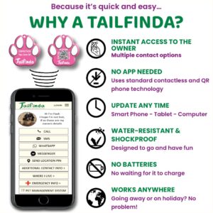 Tailfinda Contactless Cat or Dog Tag - Lightweight Pet ID Tags for Dogs and Pets, Scan QR Code or Tap Dog Collar Tag for Online Pet Profile, Water-Resistant Personalized Dog Tags