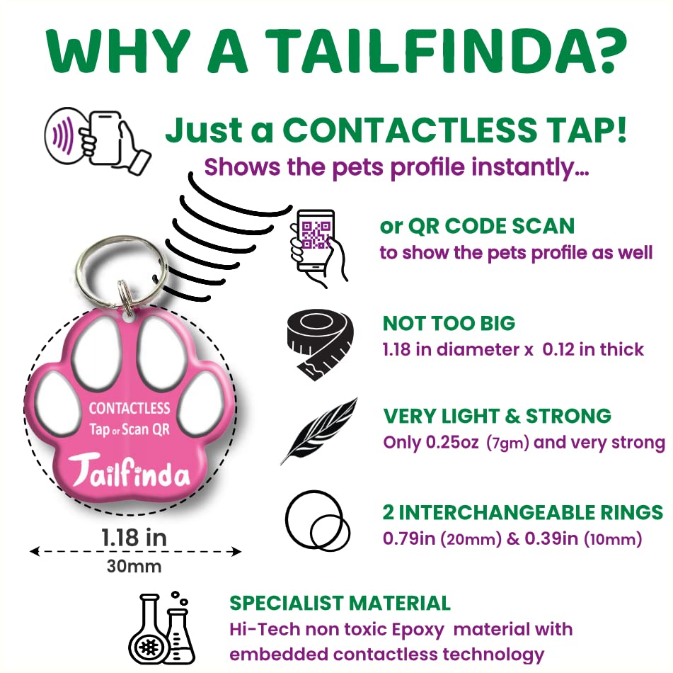 Tailfinda Contactless Cat or Dog Tag - Lightweight Pet ID Tags for Dogs and Pets, Scan QR Code or Tap Dog Collar Tag for Online Pet Profile, Water-Resistant Personalized Dog Tags