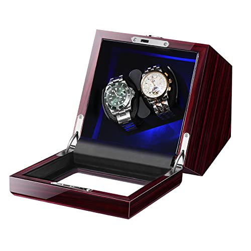 Watch Winder Box for Rolex with Quiet Motor, Blue LED Light & Flexible Watch Pillows Watch Winders for 2 Automatic Watches with AC Adapter or Battery Powered Perfect…