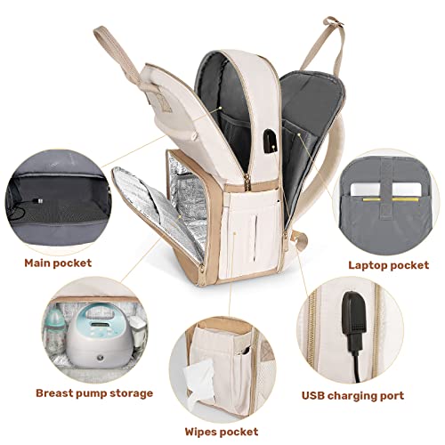 Mancro Breast Pump Bag Backpack with Insulated Pockets, Pumping Bag for Working Mom, Breast Pump Travel Bag fits for Spectra S1, S2, Medela, Large Diaper Bag Backpack with USB Charging Port, Beige