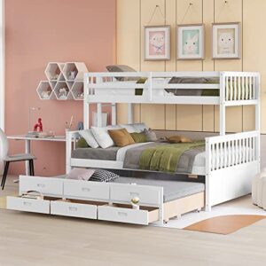 harper & bright designs twin over full bunk bed with twin size trundle and 3 storage drawers, separable bunk beds twin over full size, wood bunk bed frame for kids teens boy & girls (white)