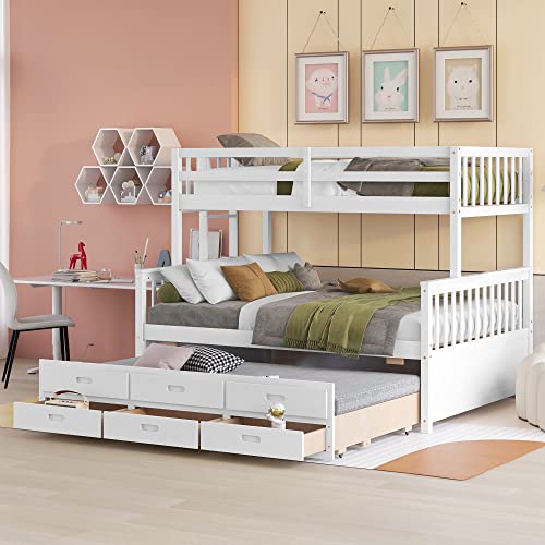 Harper & Bright Designs Twin Over Full Bunk Bed with Twin Size Trundle and 3 Storage Drawers, Separable Bunk Beds Twin Over Full Size, Wood Bunk Bed Frame for Kids Teens Boy & Girls (White)