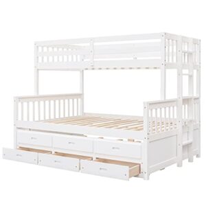 Harper & Bright Designs Twin Over Full Bunk Bed with Twin Size Trundle and 3 Storage Drawers, Separable Bunk Beds Twin Over Full Size, Wood Bunk Bed Frame for Kids Teens Boy & Girls (White)