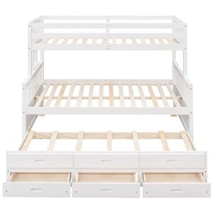 Harper & Bright Designs Twin Over Full Bunk Bed with Twin Size Trundle and 3 Storage Drawers, Separable Bunk Beds Twin Over Full Size, Wood Bunk Bed Frame for Kids Teens Boy & Girls (White)