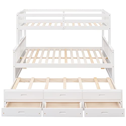 Harper & Bright Designs Twin Over Full Bunk Bed with Twin Size Trundle and 3 Storage Drawers, Separable Bunk Beds Twin Over Full Size, Wood Bunk Bed Frame for Kids Teens Boy & Girls (White)