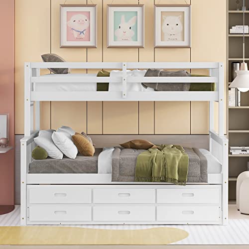 Harper & Bright Designs Twin Over Full Bunk Bed with Twin Size Trundle and 3 Storage Drawers, Separable Bunk Beds Twin Over Full Size, Wood Bunk Bed Frame for Kids Teens Boy & Girls (White)