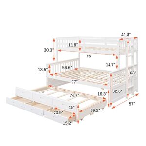 Harper & Bright Designs Twin Over Full Bunk Bed with Twin Size Trundle and 3 Storage Drawers, Separable Bunk Beds Twin Over Full Size, Wood Bunk Bed Frame for Kids Teens Boy & Girls (White)