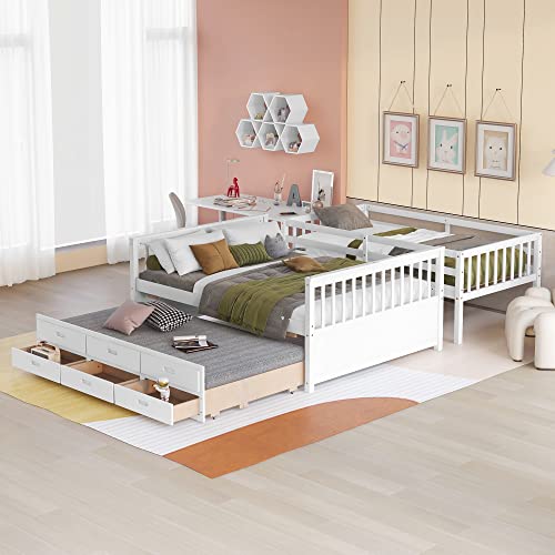 Harper & Bright Designs Twin Over Full Bunk Bed with Twin Size Trundle and 3 Storage Drawers, Separable Bunk Beds Twin Over Full Size, Wood Bunk Bed Frame for Kids Teens Boy & Girls (White)