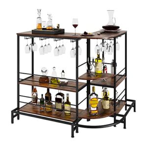 kepptory l-shape bar table, 3-tier liquor bar table with storage & glasses holder & footrest, farmhouse wine bar cabinet for home, freestanding sideboard and buffet cabinet, retro brown
