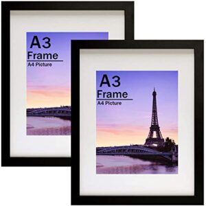 run helix a3 frame 2 pack solid wood picture frame, display pictures a4 with mat or 11.7x16.5 inch without mat, with high definition plexiglass, horizontal and vertical formats for wall