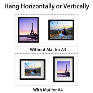 RUN HELIX A3 Frame 2 Pack Solid Wood Picture Frame, Display Pictures A4 with Mat or 11.7x16.5 Inch Without Mat, with High Definition Plexiglass, Horizontal and Vertical Formats for Wall