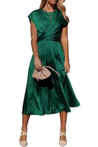 prettygarden women's 2023 summer satin midi dress cap sleeve tie waist elegant a-line flowy dresses (dark green,large)