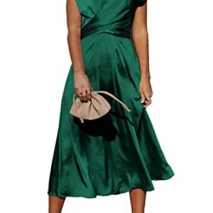 PRETTYGARDEN Women's 2023 Summer Satin Midi Dress Cap Sleeve Tie Waist Elegant A-Line Flowy Dresses (Dark Green,Large)